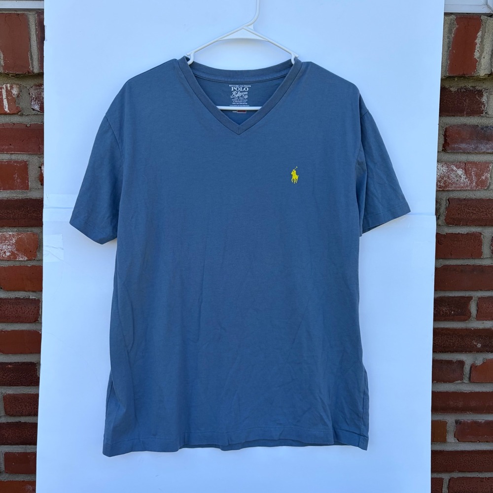 Polo Ralph Lauren Mens V-Neck T-Shirt Blue Yellow Pony Logo Cotton Size M